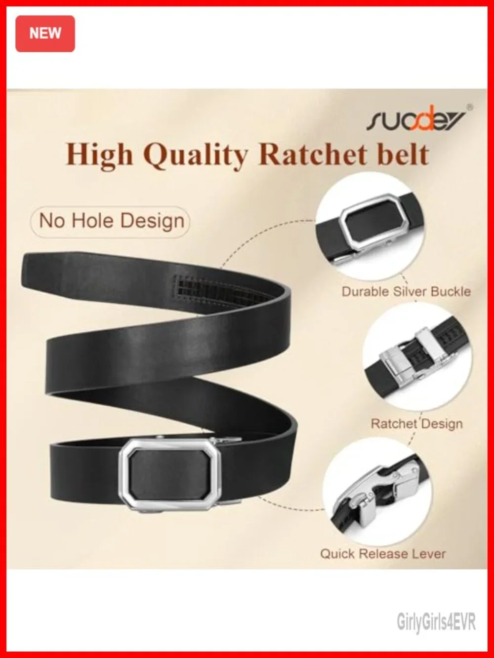 Women's Ratchet Leather Belt with Automatic Sliding Buckle, 1.2